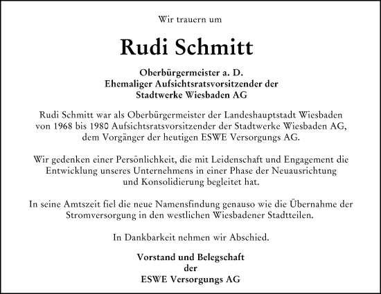 Traueranzeige von Rudi Schmitt von Wiesbadener Kurier