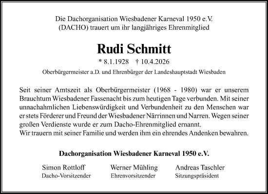 Traueranzeige von Rudi Schmitt von Wiesbadener Kurier