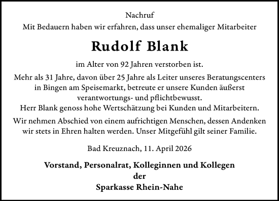 Traueranzeige von Rudolf Blank von Allgemeine Zeitung Rheinhessen-Nahe