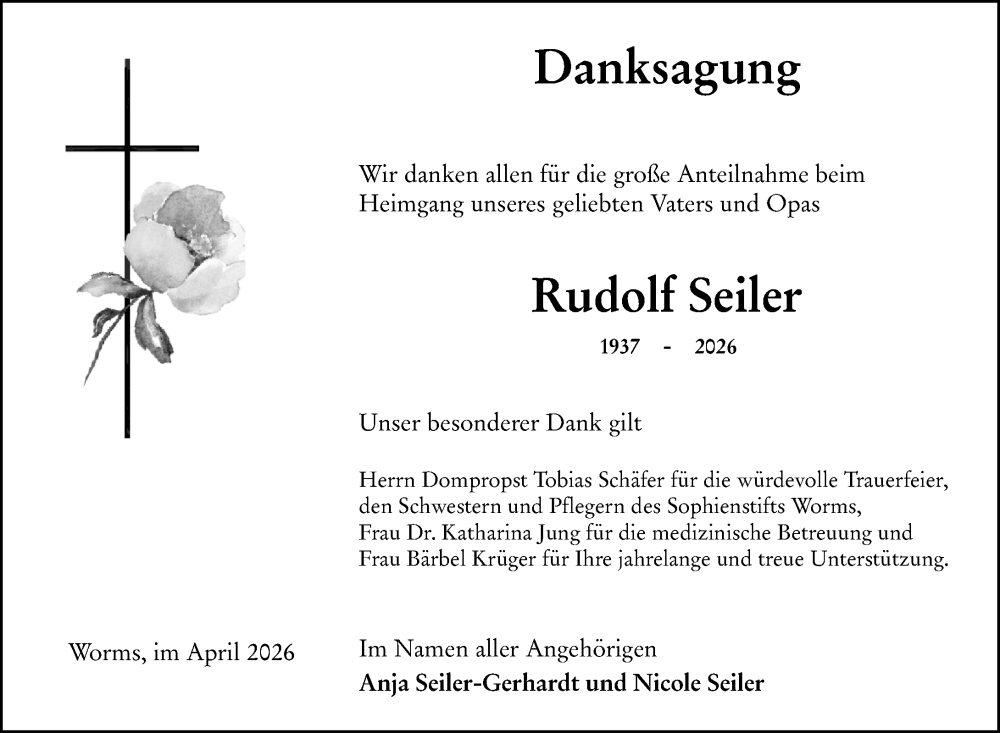  Traueranzeige für Rudolf Seiler vom 11.04.2026 aus Wormser Zeitung