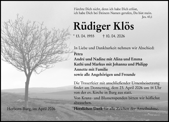 Traueranzeige von Rüdiger Klös von Dill Block