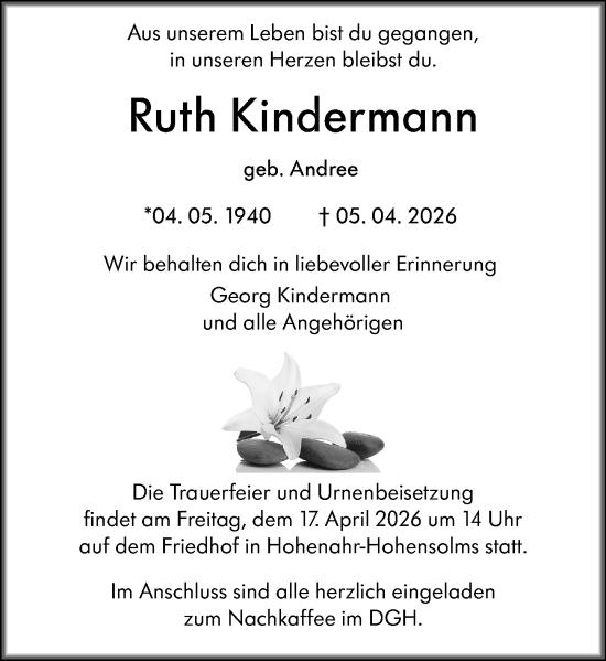 Traueranzeige von Ruth Kindermann von Wetzlarer Neue Zeitung