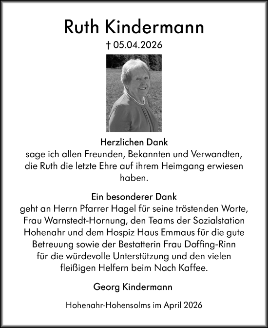 Traueranzeige von Ruth Kindermann von Wetzlarer Neue Zeitung