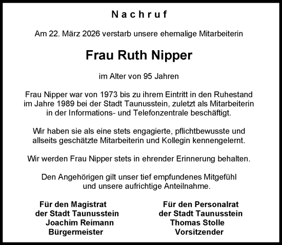 Traueranzeige von Ruth Nipper von Rheingau-Taunus-Kreis Wochenblatt