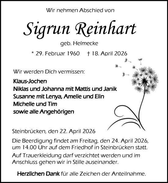 Traueranzeige von Sigrun Reinhart von Dill Block