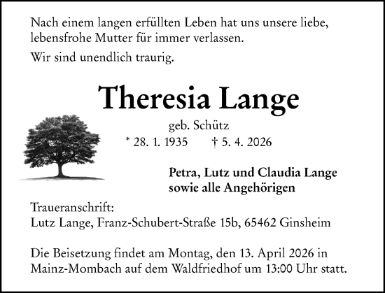 Traueranzeige von Theresia Lange von Allgemeine Zeitung Mainz