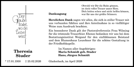 Traueranzeige von Theresia Studer von Hinterländer Anzeiger