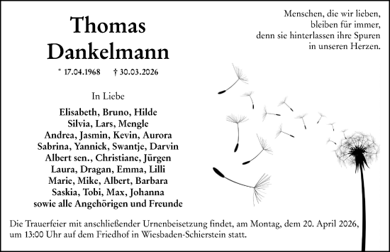 Traueranzeige von Thomas Dankelmann von Wiesbadener Kurier