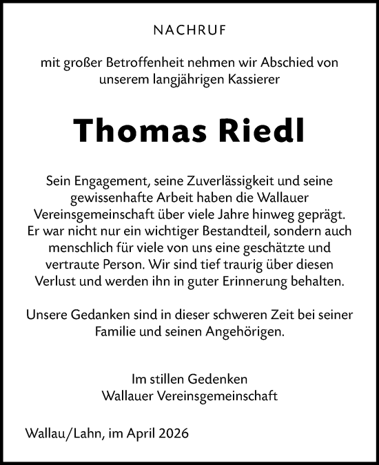Traueranzeige von Thomas Riedl von Hinterländer Anzeiger