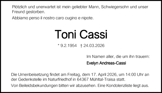 Traueranzeige von Toni Cassi von Darmstädter Echo