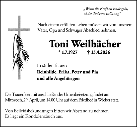 Traueranzeige von Toni Weilbächer von Hochheimer Zeitung