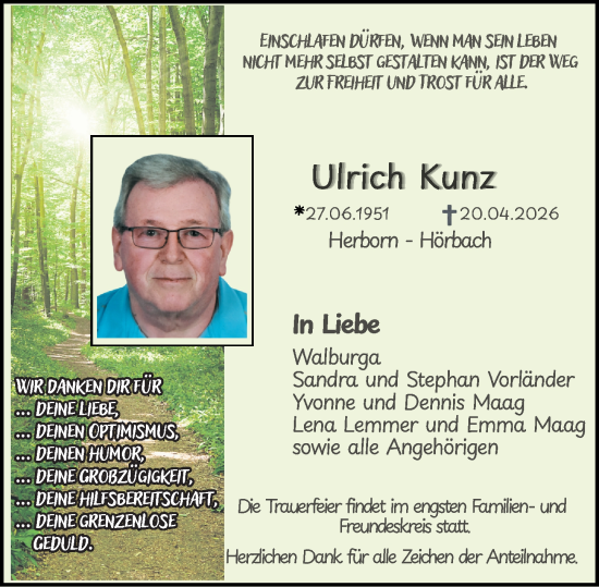 Traueranzeige von Ulrich Kunz von Dill Block