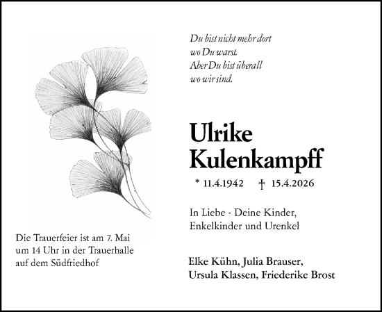 Traueranzeige von Ulrike Kulenkampff von Wiesbadener Kurier
