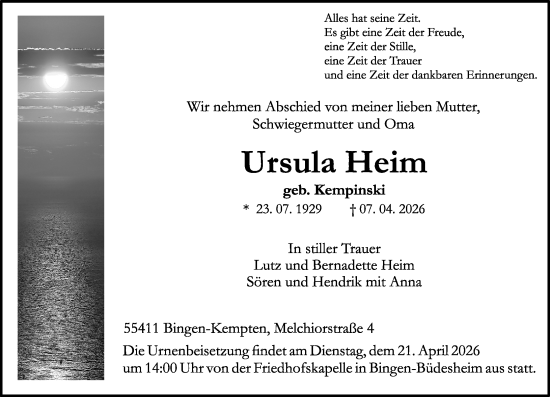 Traueranzeige von Ursula Heim von Binger-/Ingelheimer Wochenblatt