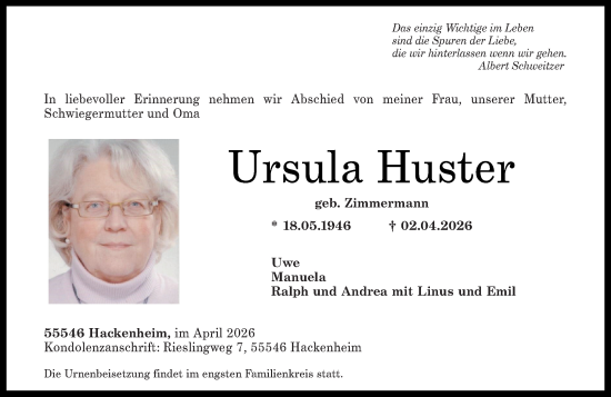 Traueranzeige von Ursula Huster von Allgemeine Zeitung Rheinhessen-Nahe