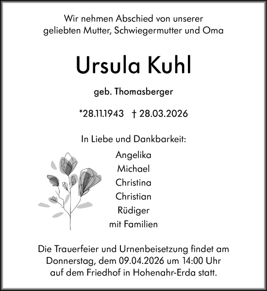 Traueranzeige von Ursula Kuhl von Wetzlarer Neue Zeitung