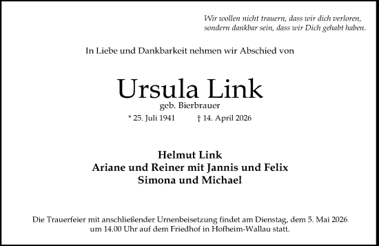 Traueranzeige von Ursula Link von Wiesbadener Kurier