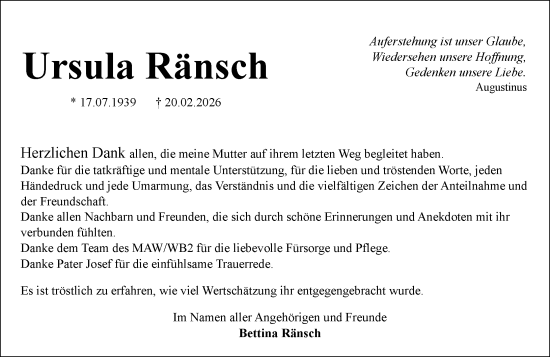 Traueranzeige von Ursula Ränsch von Allgemeine Zeitung Mainz