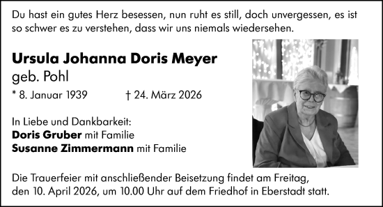 Traueranzeige von Ursula Johanna Doris Meyer von Darmstädter Echo