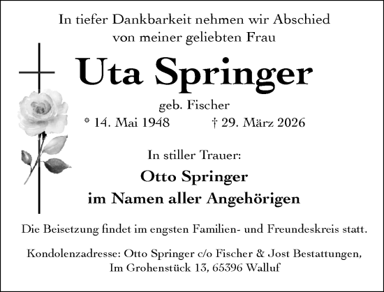 Traueranzeige von Uta Springer von Wiesbadener Kurier