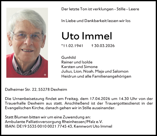 Traueranzeige von Uto Immel von Allgemeine Zeitung Mainz