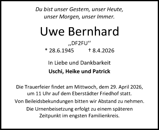 Traueranzeige von Uwe Bernhard von Darmstädter Echo