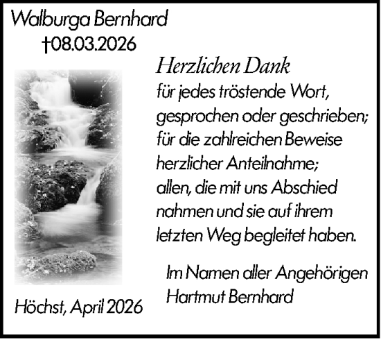 Traueranzeige von Walburga Bernhard von Odenwälder Echo