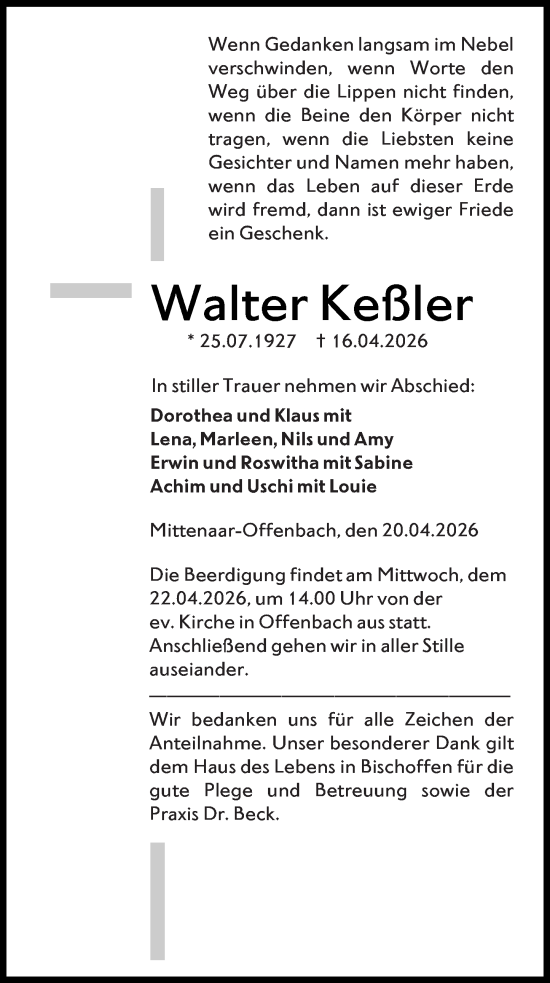 Traueranzeige von Walter Keßler von Dill Block