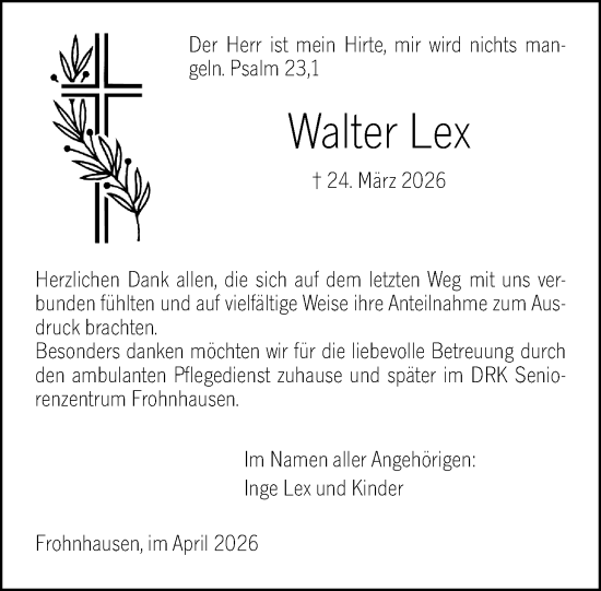 Traueranzeige von Walter Lex von Hinterländer Anzeiger