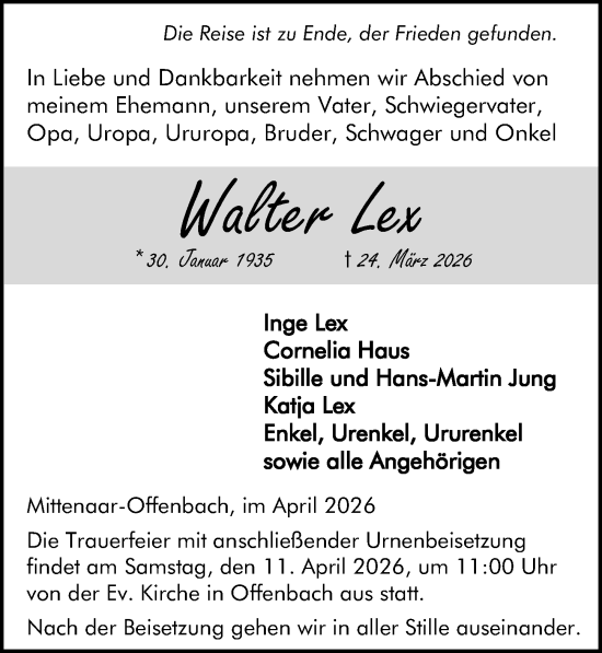 Traueranzeige von Walter Lex von Dill Block
