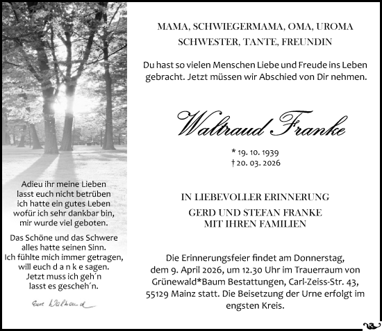 Traueranzeige von Waltraud Franke von Allgemeine Zeitung Mainz