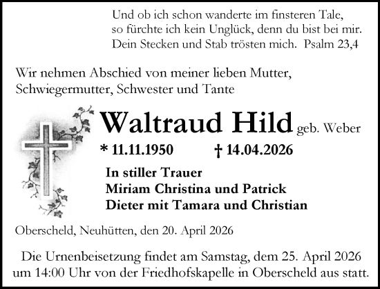 Traueranzeige von Waltraud Hild von Dill Block