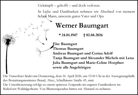Traueranzeige von Werner Baumgart von Allgemeine Zeitung Alzey