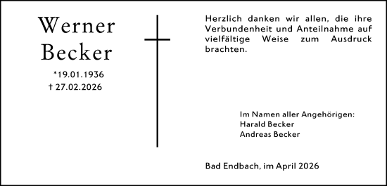 Traueranzeige von Werner Becker von Hinterländer Anzeiger
