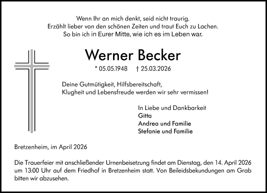 Traueranzeige von Werner Becker von Allgemeine Zeitung Mainz