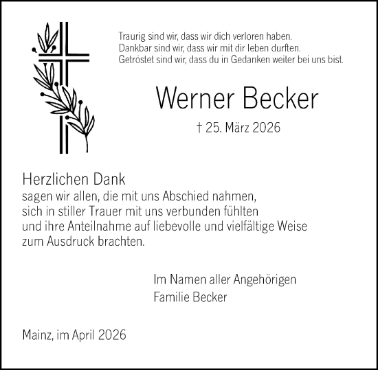 Traueranzeige von Werner Becker von Allgemeine Zeitung Mainz