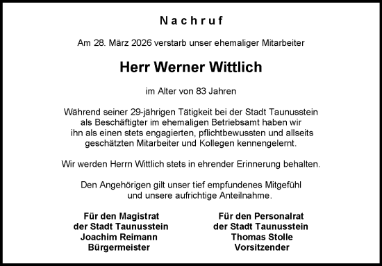 Traueranzeige von Werner Wittlich von Rheingau-Taunus-Kreis Wochenblatt