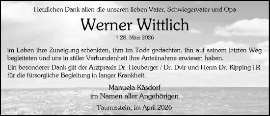 Traueranzeige von Werner Wittlich von Rheingau-Taunus-Kreis Wochenblatt