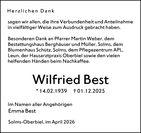 Traueranzeige von Wilfried Best von Wetzlarer Neue Zeitung