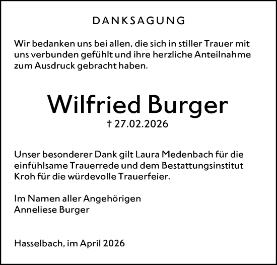 Traueranzeige von Wilfried Burger von Weilburger Tageblatt