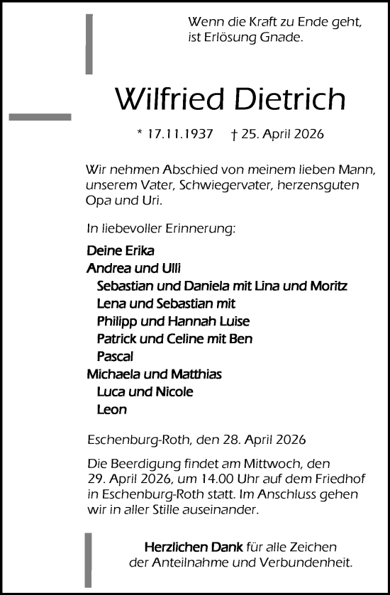 Traueranzeige von Wilfried Dietrich von Dill Block