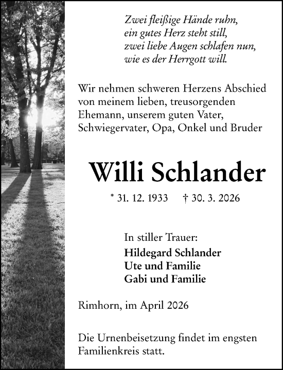 Traueranzeige von Willi Schlander von Odenwälder Echo