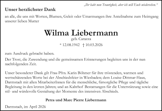 Traueranzeige von Wilma Liebermann von Darmstädter Echo