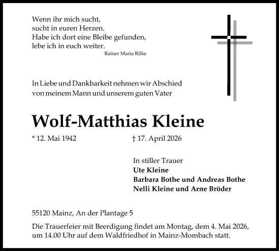 Traueranzeige von Wolf-Matthias Kleine von Allgemeine Zeitung Mainz