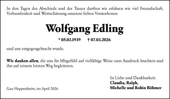 Traueranzeige von Wolfgang Edling von Allgemeine Zeitung Alzey