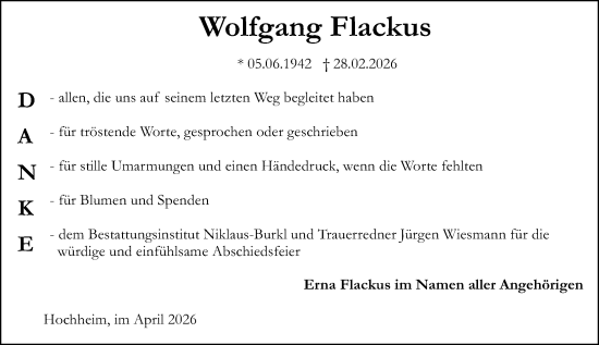 Traueranzeige von Wolfgang Flackus von Wiesbadener Kurier