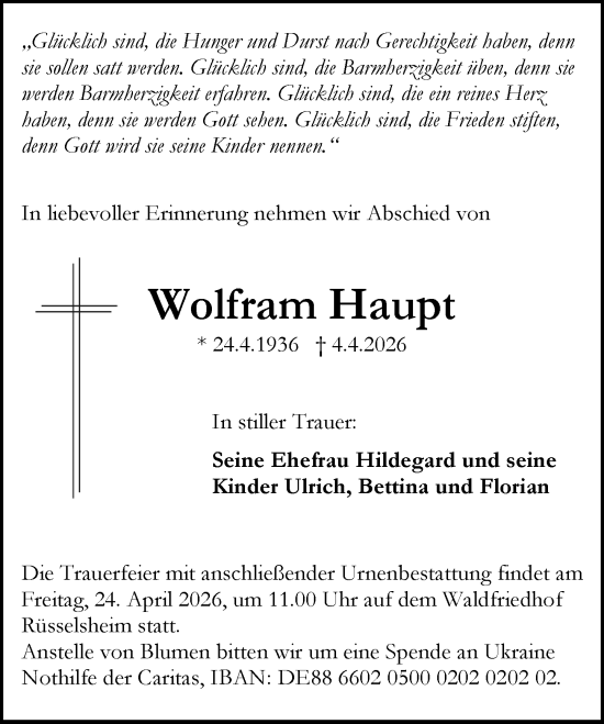 Traueranzeige von Wolfram Haupt von Rüsselsheimer Echo