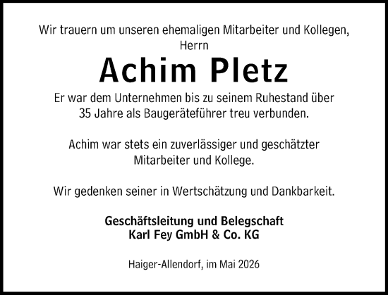 Traueranzeige von Achim Pletz von Dill Block