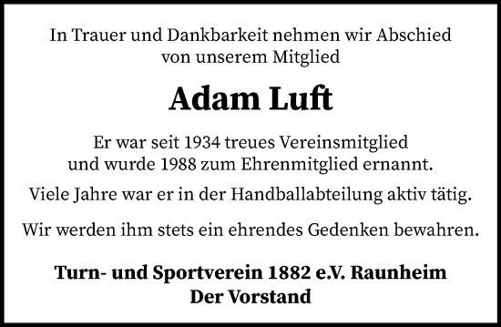 Traueranzeige von Adam Luft von Rüsselsheimer Echo