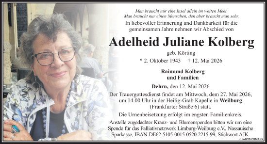 Traueranzeige von Adelheid Juliane Kolberg von Nassauische Neue Presse